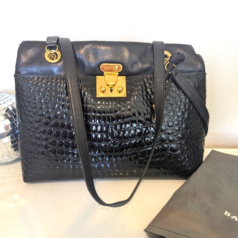 Bally Black Croc-Embossed Leather Shoulder Bag